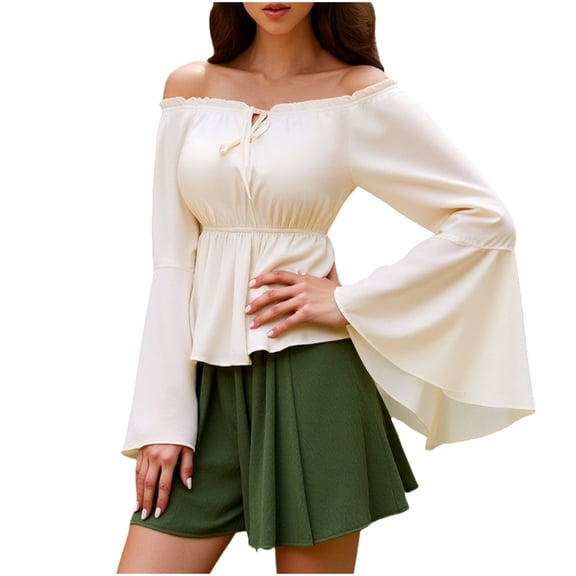BLVB Womens Renaissance Blouse off Shoulder Tops Long Bell Sleeve Peplum Shirts Dressy Tops