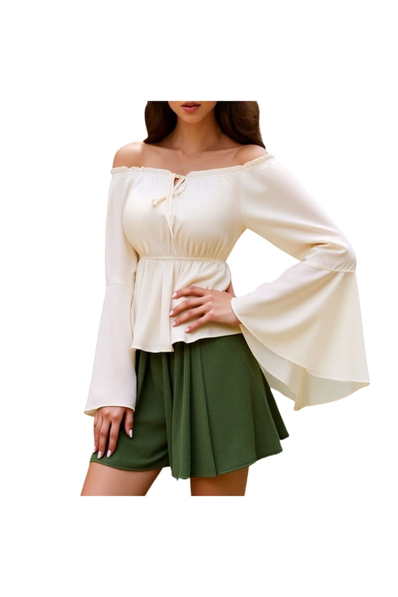 Womens Renaissance Blouse off Shoulder Tops Long Bell Sleeve Peplum Shirts Dressy Tops