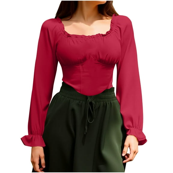 BLVB Womens Renaissance Crop Tops Ruffle Smocked Waist Boho Shirt Long Sleeve off Shoulder Blouse for Party Club