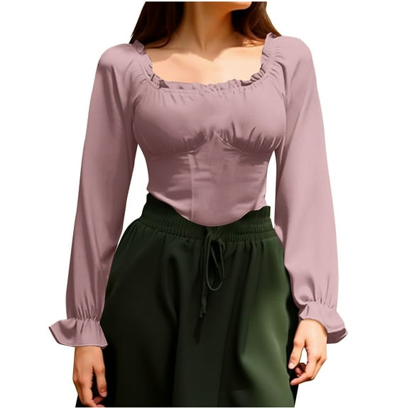 BLVB Womens Renaissance Crop Tops Ruffle Smocked Waist Boho Shirt Long Sleeve off Shoulder Blouse for Party Club