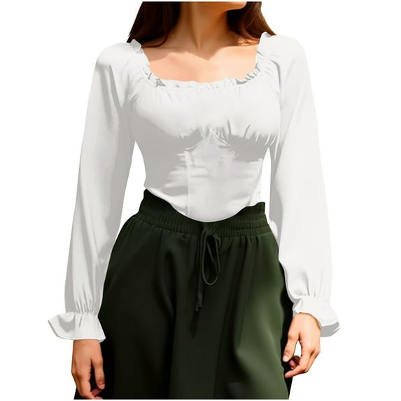 BLVB Womens Renaissance Crop Tops Ruffle Smocked Waist Boho Shirt Long Sleeve off Shoulder Blouse for Party Club