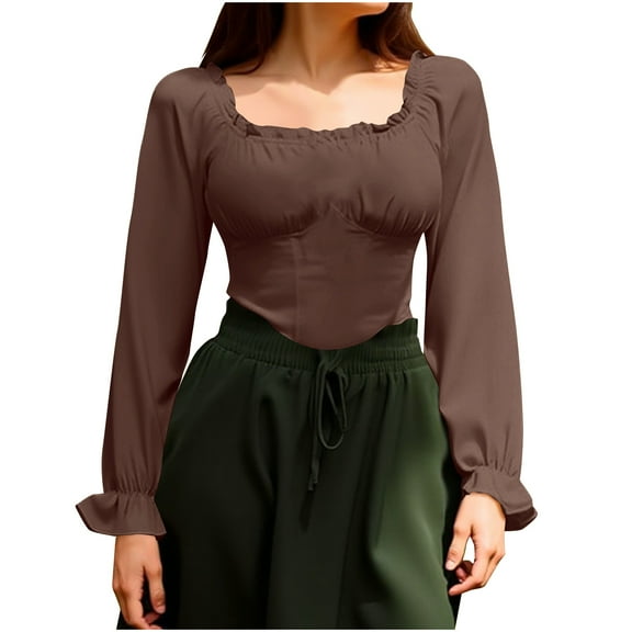 BLVB Womens Renaissance Crop Tops Ruffle Smocked Waist Boho Shirt Long Sleeve off Shoulder Blouse for Party Club