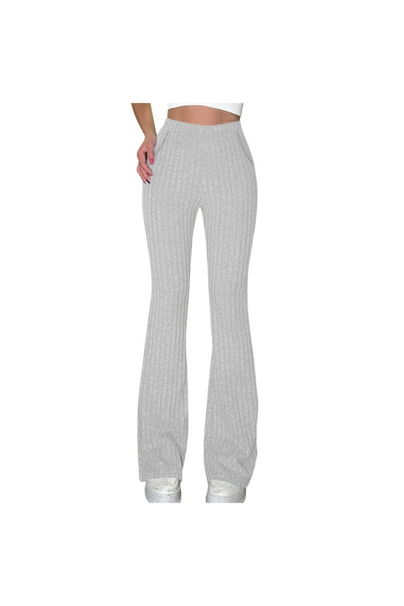 Womens Ribbed Knit Flare Pants Elastic High Waist Bootcut Yoga Lounge Pants Trousers with Pockets