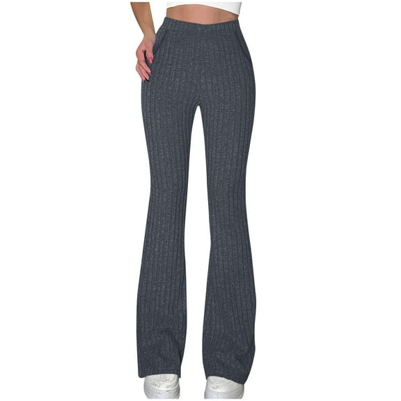 BLVB Womens Ribbed Knit Flare Pants Elastic High Waist Bootcut Yoga Lounge Pants Trousers with Pockets