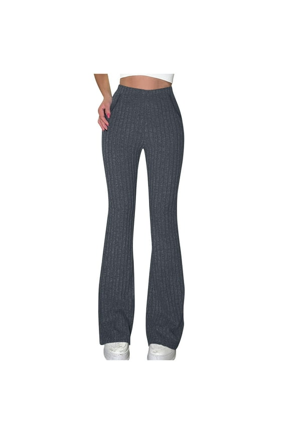 Womens Ribbed Knit Flare Pants Elastic High Waist Bootcut Yoga Lounge Pants Trousers with Pockets