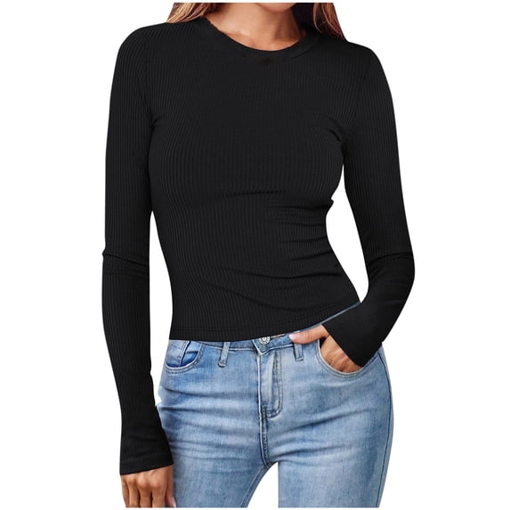 BLVB Womens Ribbed Long Sleeve Shirts Crewneck Sweaters Slim Base Layering Casual Tee Tops Blouses for Fall Winter