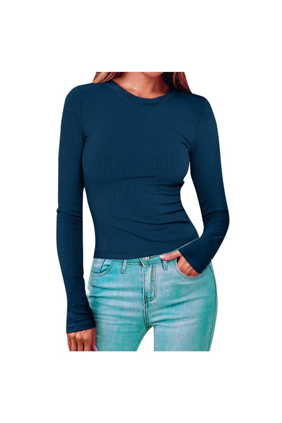 Womens Ribbed Long Sleeve Shirts Crewneck Sweaters Slim Base Layering Casual Tee Tops Blouses for Fall Winter