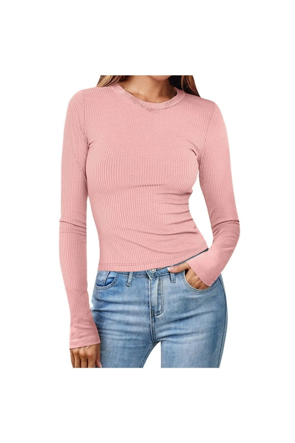 Womens Ribbed Long Sleeve Shirts Crewneck Sweaters Slim Base Layering Casual Tee Tops Blouses for Fall Winter