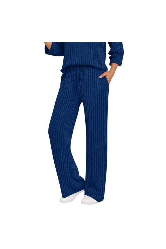 Womens Ribbed Wide Leg Lounge Pants with Pockets Casual Comfy Loose Soft Knit Pajama Pants Fall Winter with Drawstring