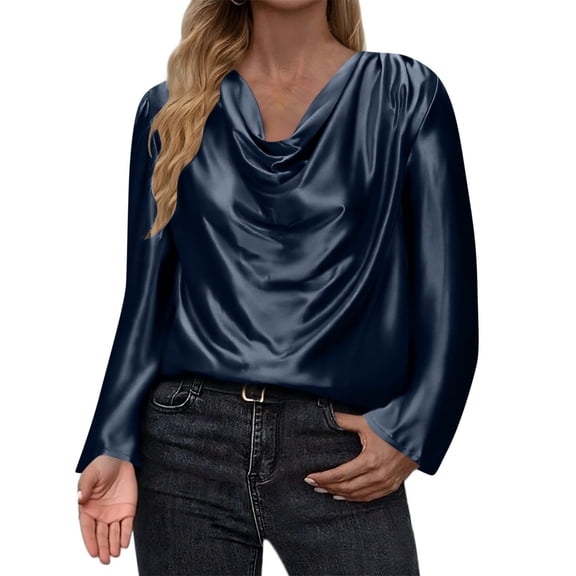 BLVB Womens Satin Blouse Cowl Neck Draped Silky Long Sleeve Dressy Tops Spring Fall Trendy Fashion Business Casual Office Shirts