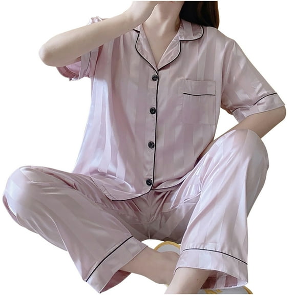 BLVB Womens Satin Pajama Sets Short Sleeve Sleepwear Soft Button down Shirts with Long Pants Nightwear Lounge Pj Set