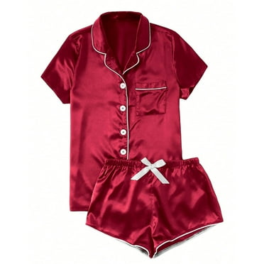 BLVB Womens Satin Pajamas Sets Short Sleeve Button Down Pjs Set Sleepwear 2 Piece Pjs Shorts Set Loungewear with Pocket
