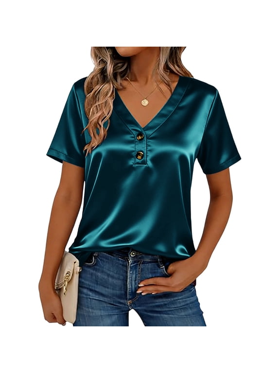 Womens Satin Summer Tops Short Sleeve Blouses Button V Neck Shirts Business Casual Outfits Fashion Clothing