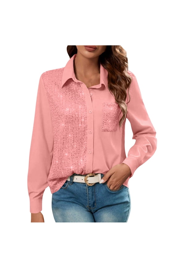 Womens Sequin Button down Shirts Long Sleeve Glitter Sequin Top Sparkle Party Blouse with Pocket