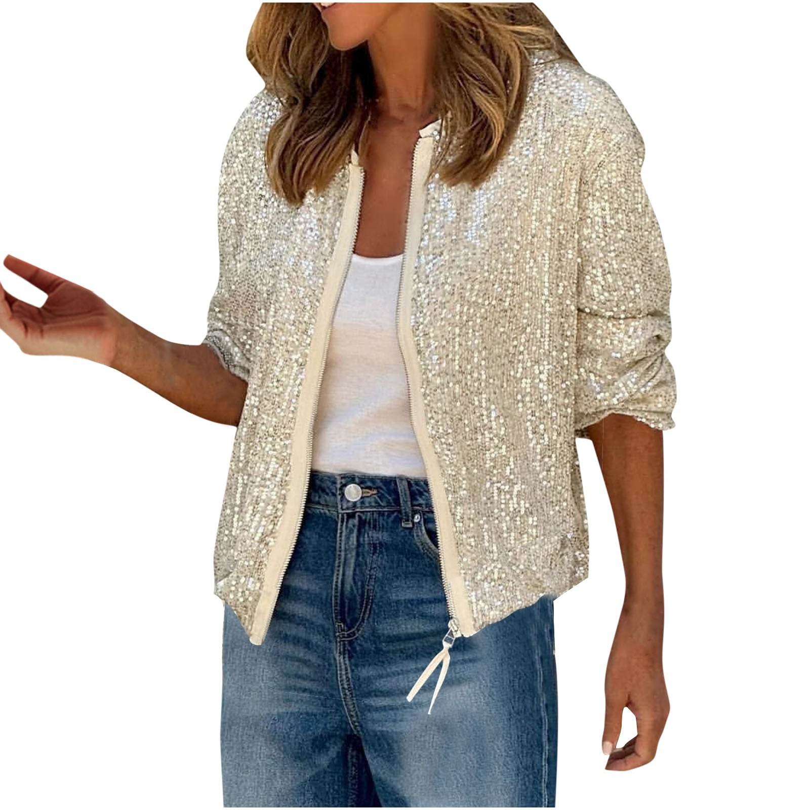 BLVB Womens Sequin Jacket Casual Long Sleeve Front Zip Party