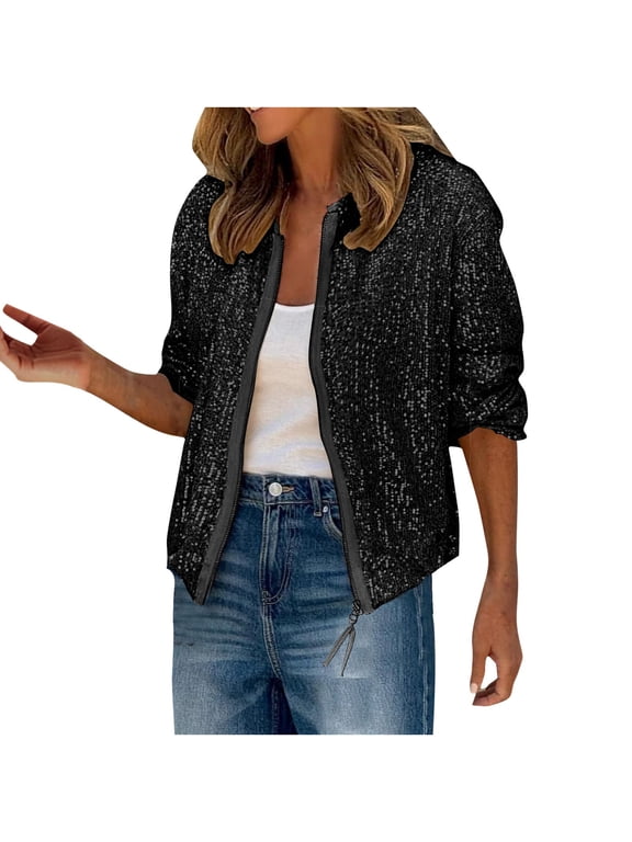 Womens Sequin Jacket Casual Long Sleeve Front Zip Party Jacket Sparkly Glitter Coats Outwear Clubwear Black