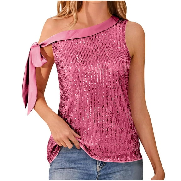 BLVB Womens Sequin Tops Sleeveless One Shoulder Sparkle Camisole Glitter Tank Tops Cocktail Club Party Shirts Vest