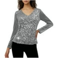 thumbnail image 1 of BLVB Womens Sequin Velvet Holiday Tops Glitter Sparkly Party Blouse Long Sleeve V-Neck Fall Winter Shirts, 1 of 6
