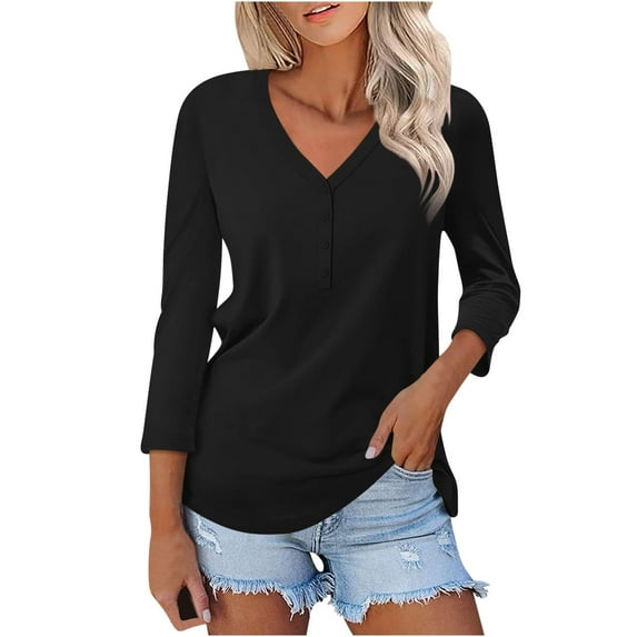 BLVB Womens Shirts Casual Tee V Neck 3/4 Sleeve Button up Loose Tunic Tops Solid Color Basic Work Blouses