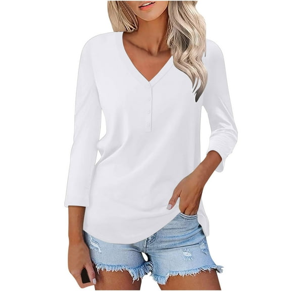 BLVB Womens Shirts Casual Tee V Neck 3/4 Sleeve Button up Loose Tunic Tops Solid Color Basic Work Blouses