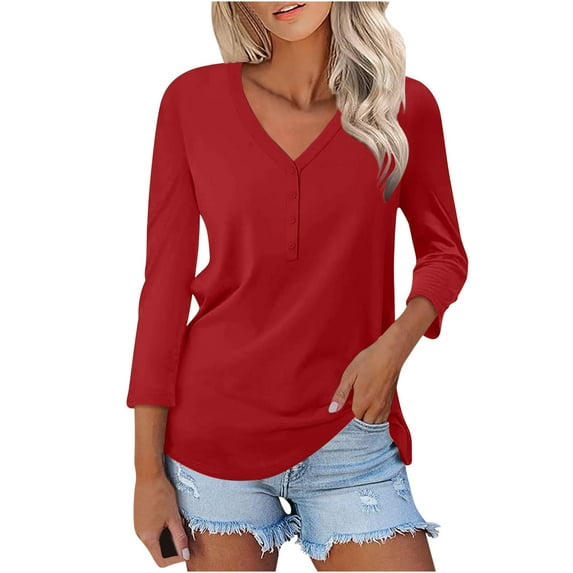 BLVB Womens Shirts Casual Tee V Neck 3/4 Sleeve Button up Loose Tunic Tops Solid Color Basic Work Blouses