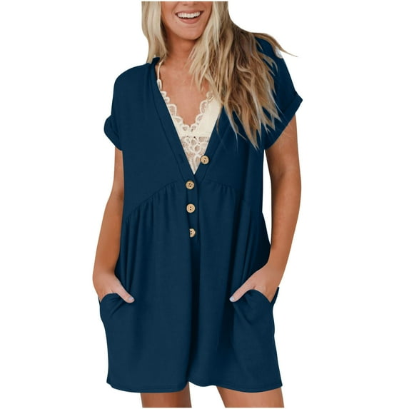 BLVB Womens Short Sleeve Summer Rompers Casual Loose V Neck Button Jumpsuits Short Romper Playsuits with Pockets