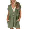 thumbnail image 1 of BLVB Womens Short Sleeve Summer Rompers Casual Loose V Neck Button Jumpsuits Short Romper Playsuits with Pockets, 1 of 6