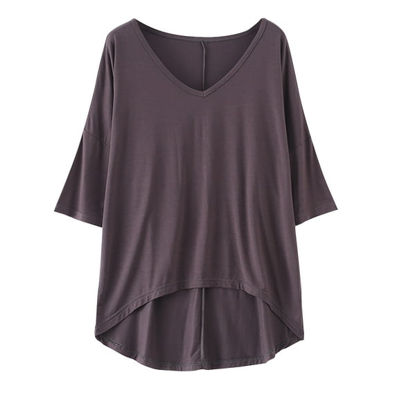 BLVB Womens Short Sleeve V Neck Pajama Tops Soft Sleep T-Shirt Loose Comfy Base Layer High Low Hem Loungewear