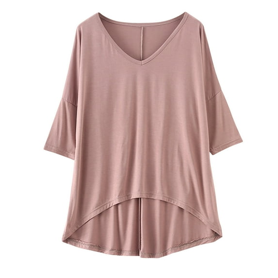 BLVB Womens Short Sleeve V Neck Pajama Tops Soft Sleep T-Shirt Loose Comfy Base Layer High Low Hem Loungewear