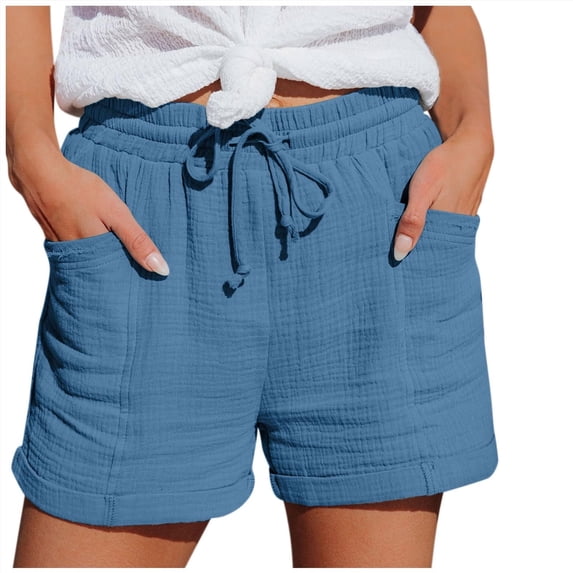 BLVB Womens Shorts Summer Drawstring Straight Leg Lounge Elastic Waist Casual Beach Resort Wear Shorts with Pockets