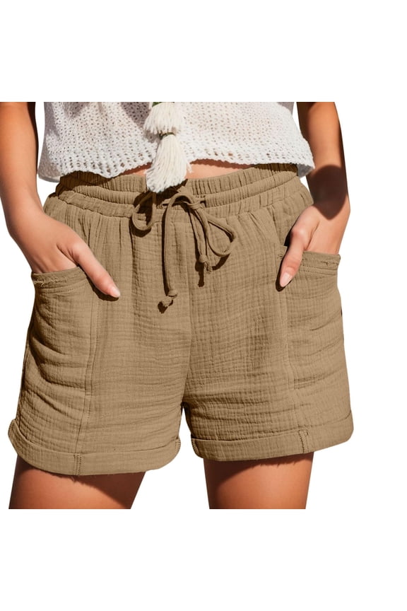 Womens Shorts Summer Drawstring Straight Leg Lounge Elastic Waist Casual Beach Resort Wear Shorts with Pockets