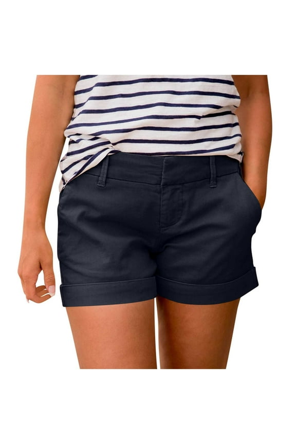 Womens Shorts Casual Summer High Rise Shorts Pockets Folded Hem Dressy Chino Shorts Pants Trousers