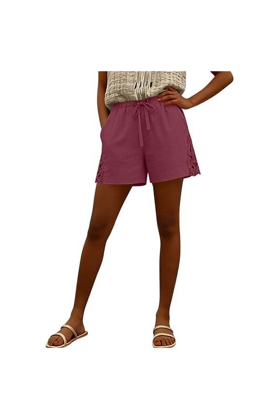 Womens Shorts Summer Casual Loose Elastic Waist Drawstring Side Lace Boho Beach Cover up Shorts with Pockets