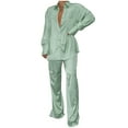 thumbnail image 1 of BLVB Womens Silk Satin 2 Piece Outfit Long Sleeve Lapel Button Down Tops Shirts Wide Leg Long Pants Loungewear Pajama Set, 1 of 3