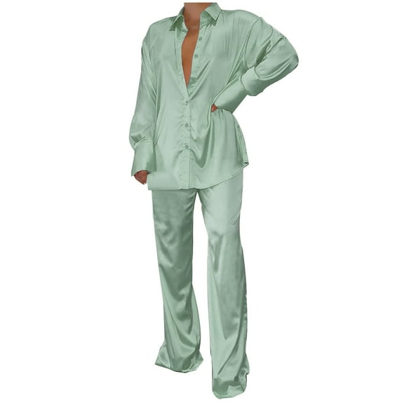BLVB Womens Silk Satin 2 Piece Outfit Long Sleeve Lapel Button Down Tops Shirts Wide Leg Long Pants Loungewear Pajama Set