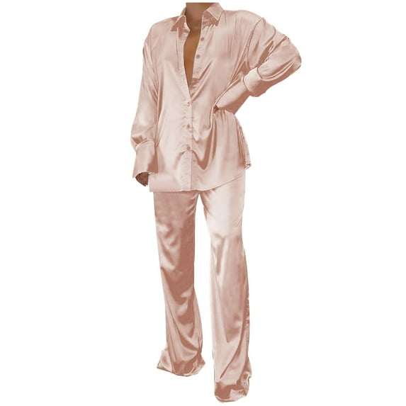 BLVB Womens Silk Satin 2 Piece Outfit Long Sleeve Lapel Button Down Tops Shirts Wide Leg Long Pants Loungewear Pajama Set
