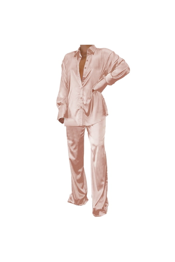 Womens Silk Satin 2 Piece Outfit Long Sleeve Lapel Button Down Tops Shirts Wide Leg Long Pants Loungewear Pajama Set