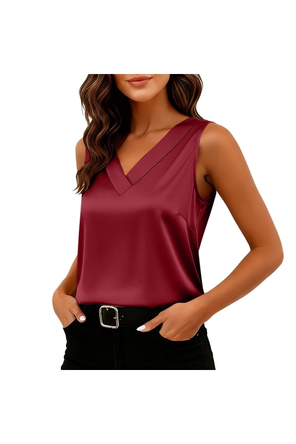 Womens Silk Satin Tank Tops V Neck Casual Cami Sleeveless Camisole Work Blouses Summer Dressy Basic Tank Shirt