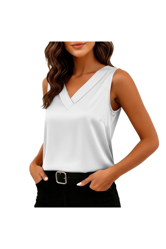 Womens Silk Satin Tank Tops V Neck Casual Cami Sleeveless Camisole Work Blouses Summer Dressy Basic Tank Shirt