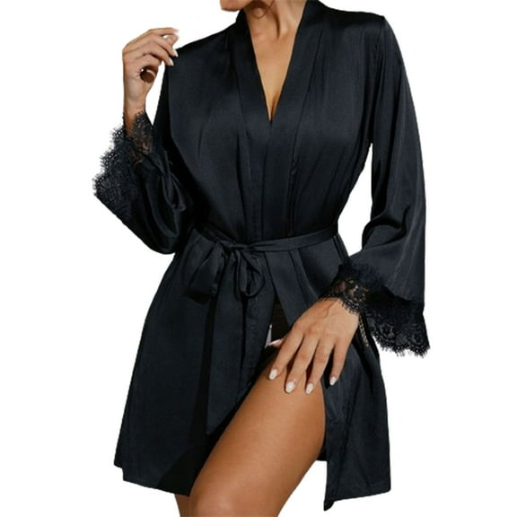 BLVB Womens Silky Satin Short Robes Lace Trim Wedding Bridal Party Bride Bridesmaid Bathrobe Loungewear Dressing Gowns