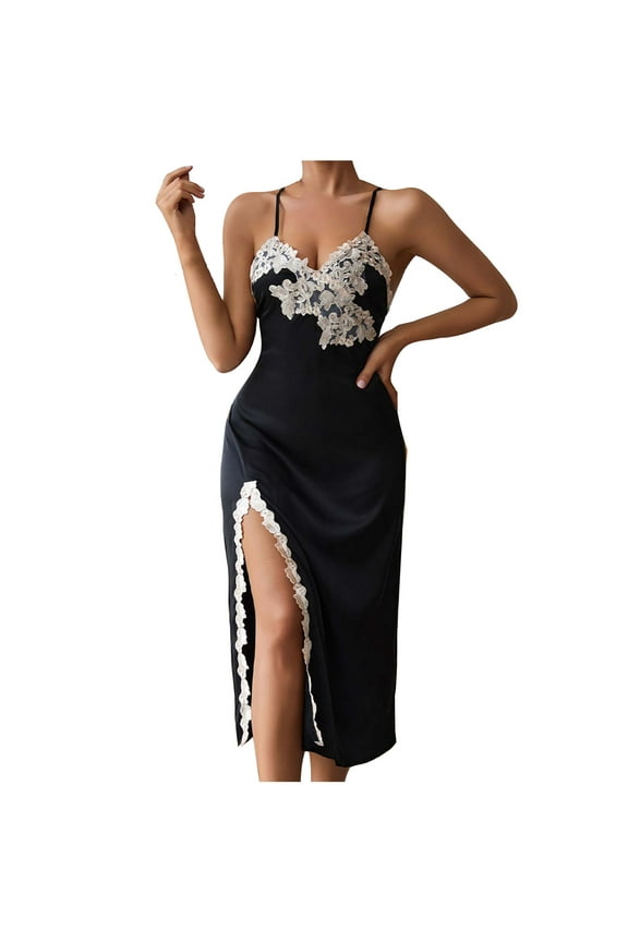 Womens Sleepwear Lace V Neck Long Silk Nightgown Satin Sleep Dress Sleeveless Lace for Women Elegant