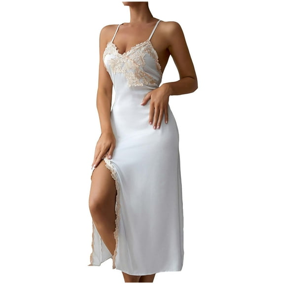 BLVB Womens Sleepwear Lace V Neck Long Silk Nightgown Satin Sleep Dress Sleeveless Lace for Women Elegant