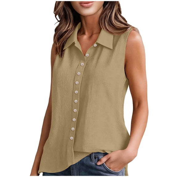 BLVB Womens Sleeveless Button down Shirt Collared Cotton Linen Blouse Casual Office Work Shirts Basic Tank Top for Summer