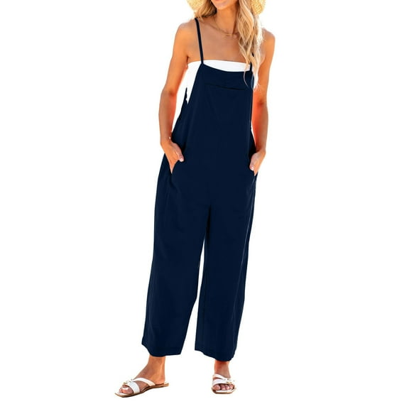 BLVB Womens Sleeveless Cotton Linen Jumpsuit Spaghetti Strap Wide Leg Summer Casual Long Pants Beach Vacation Romper with Pockets