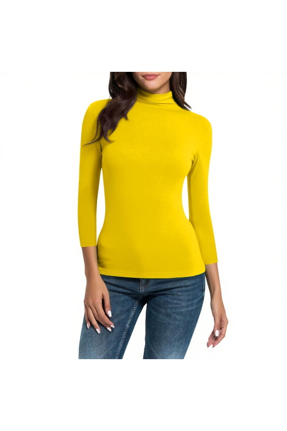 Womens Slim Fitted Mock Turtleneck Tops 3/4 Sleeve Lightweight Base Layer Shirts Stretch Undershirts