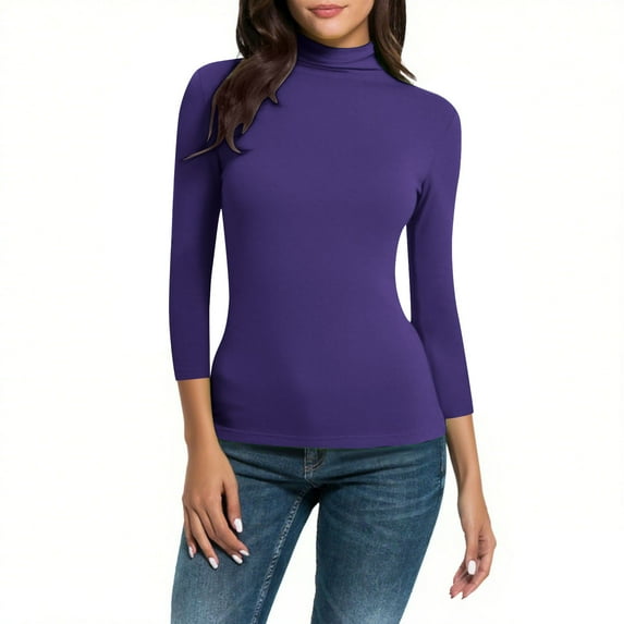 BLVB Womens Slim Fitted Mock Turtleneck Tops 3/4 Sleeve Lightweight Base Layer Shirts Stretch Undershirts