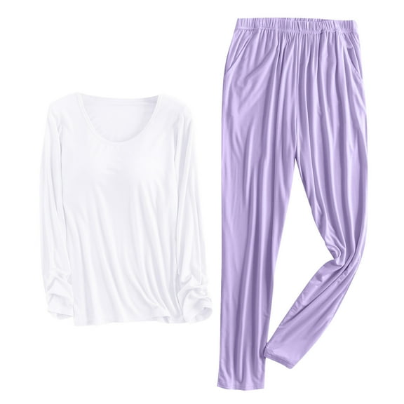 BLVB Womens Soft Pajamas Set Scoop Neck Chest Padded Tops with Long Pants Pjs Sets Long Sleeve Sleepwear Loungewear