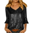 thumbnail image 1 of BLVB Womens Sparkly Sequin Tops 3/4 Sleeve Glitter Party Dressy Blouse V-Neck Evening Club Concert Shirt, 1 of 7