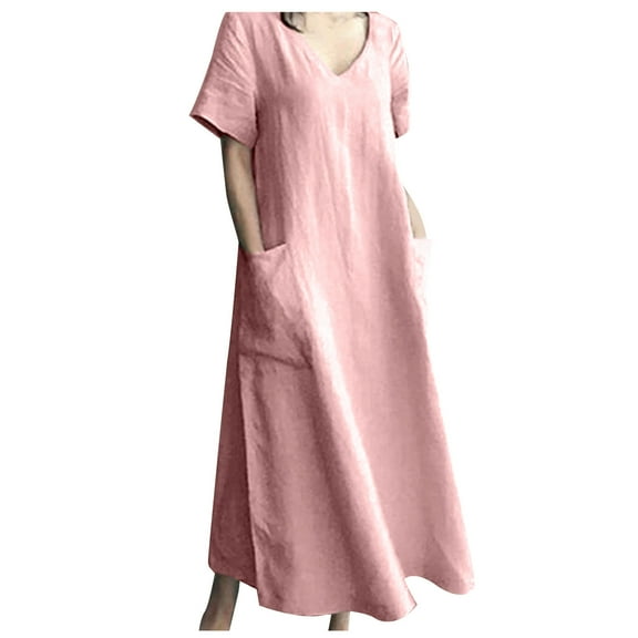 BLVB Womens Spring Summer Cotton Linen Dresses V Neck Short Sleeve Loose Maxi Dress Flowy Plus Size Long Dress with Pockets
