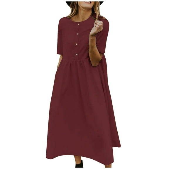 BLVB Womens Spring Summer Maxi Dresses Crew Neck Short Sleeve Casual Cotton Linen Dress A-Line Long Beach Dress